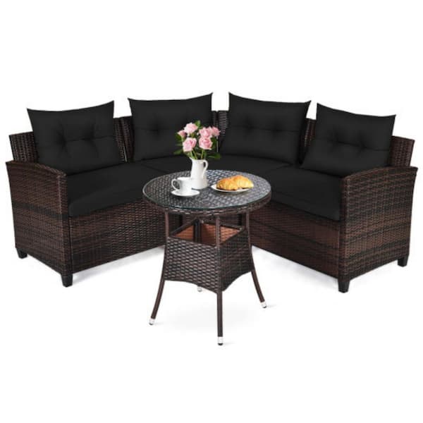 Clihome 4-Piece Wicker Outdoor Patio Conversation Set Rattan Furniture Set with Black Cushions