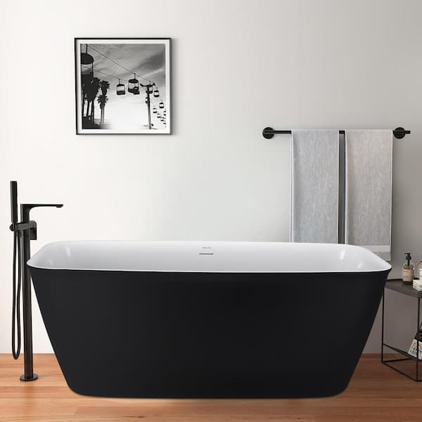 Mokleba Contemporary 59 in. Acrylic Flatbottom Tub Rectangular Freestanding Not Whirlpool Soaking Bathtub in Matte Black