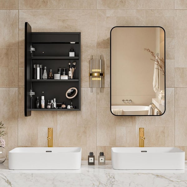 16 in. W x 26 in. H Recessed Rectangular Metal Framed Bathroom Medicine Cabinets with Mirror in Matt Black