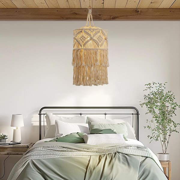 1-Light White Pendant Light Bohemian with Adjustable Macrame Rattan Shade, Plug-In and Adjustable Height