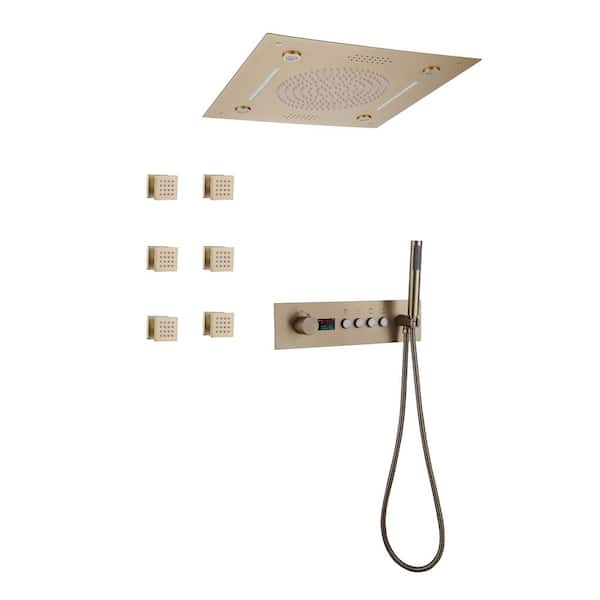 Tomfaucet Luxury LED Thermostatic Single-Handle 4-Spray Patterns Ceiling Mount Shower Faucet in Brushed Gold (Valve Included)
