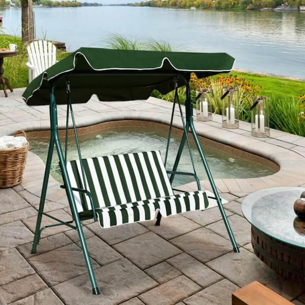 2-Person Metal Weather Resistant Canopy Patio Swing in Green for Porch Garden Backyard Lawn