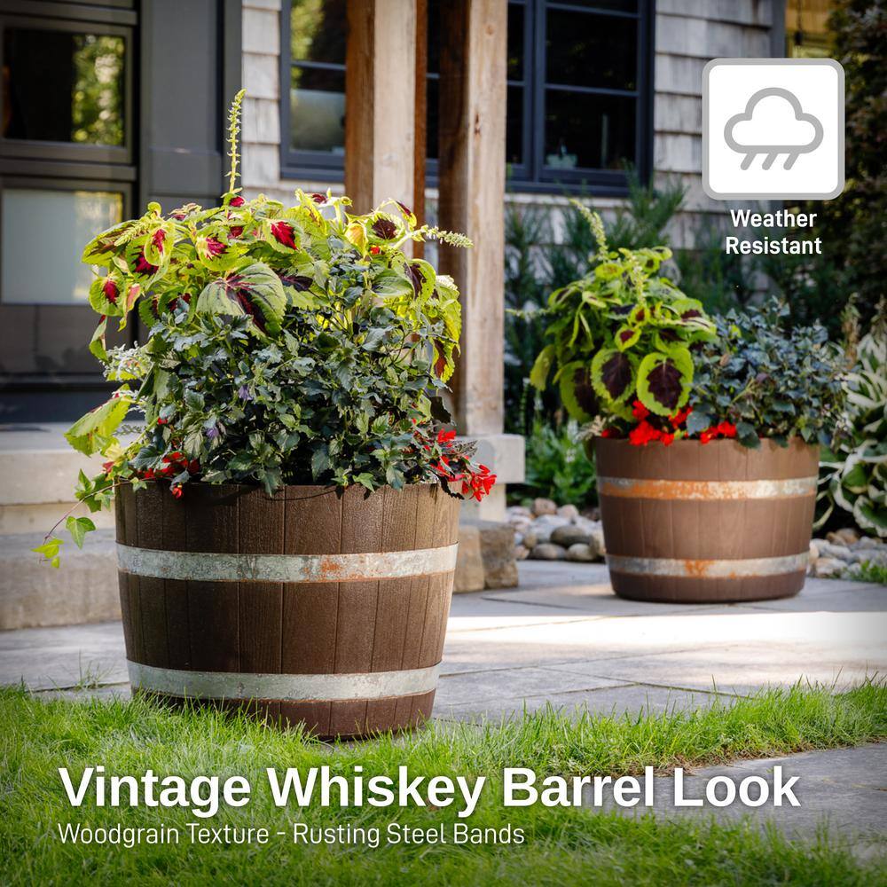 24" Brown Recycled Plastic Barrel Planters with Steel Bands, 2 Pack