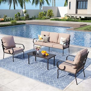 5 Seat 4-Piece Black Metal Steel Outdoor Patio Conversation Set with Beige Cushions, Table with Stripe-Shaped Top