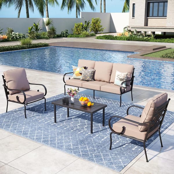 PHI VILLA 5 Seat 4-Piece Black Metal Steel Outdoor Patio Conversation Set with Beige Cushions, Table with Stripe-Shaped Top