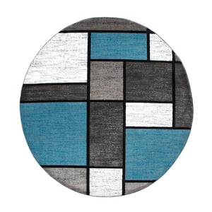 Contemporary Geometric Boxes Blue/Gray Indoor 6 ft. 6 in. Round Area Rug