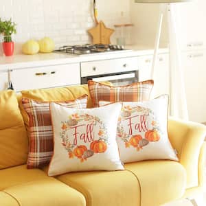 Yellow and Orange Decorative Fall Thanksgiving Plaid and Pumpkins 18 in. x 18 in. Square Throw Pillow Cover (Set of 4)
