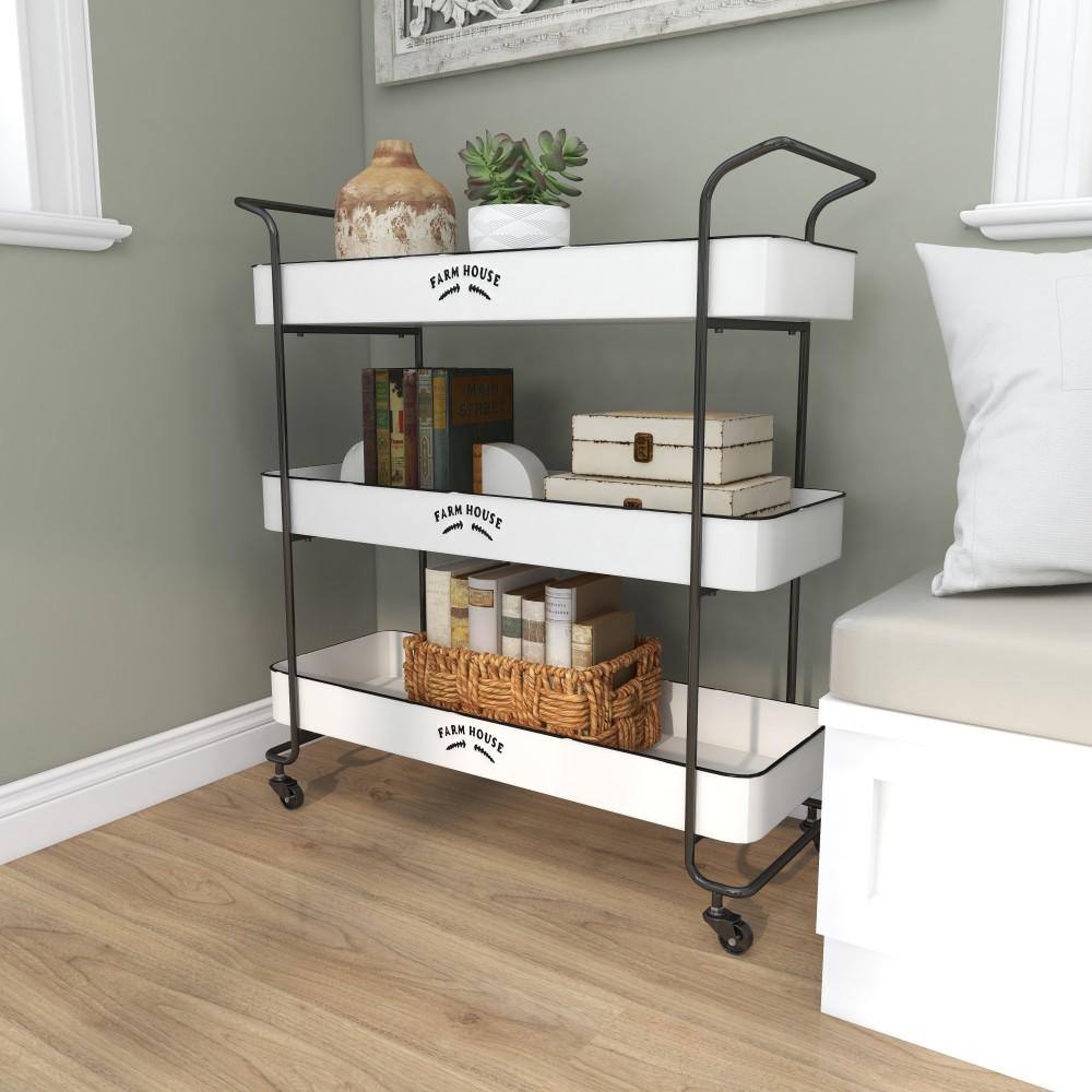 White Metal Rolling Utility Cart with Black Accents and Farmhouse Design