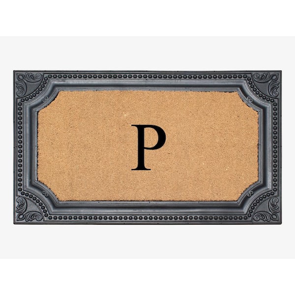 A1 Home Collections A1HC Angela Black/Beige 24 in. x 39 in. Rubber and Coir Heavy Duty Easy to Clean Monogrammed P Door Mat