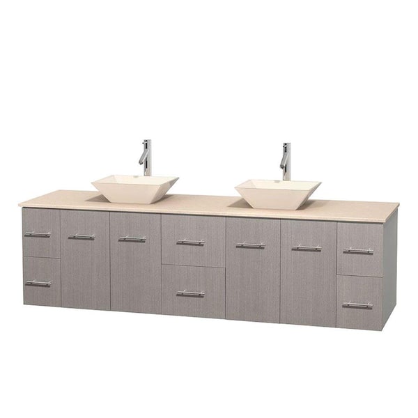 Wyndham Collection Centra 80 in. Double Vanity in Gray Oak with Marble Vanity Top in Ivory and Bone Porcelain Sinks