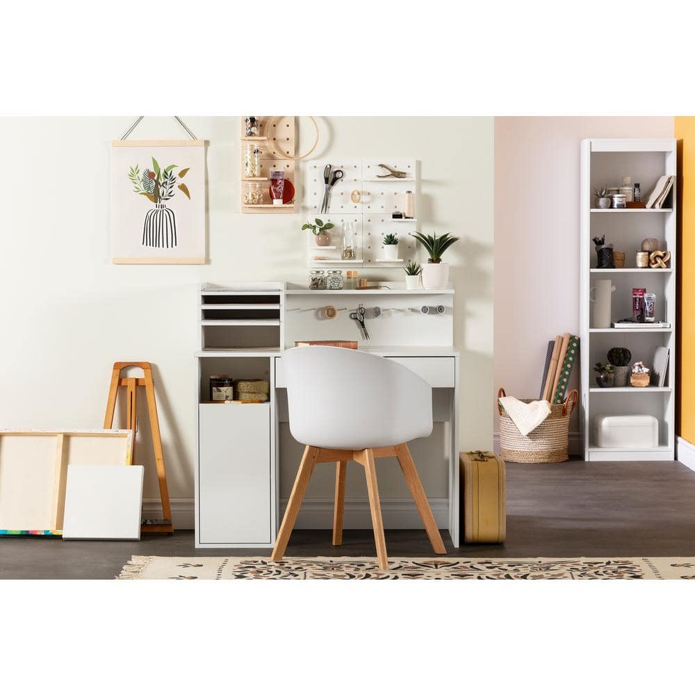 White Wood Craft Desk with Hutch and Filing Cabinet