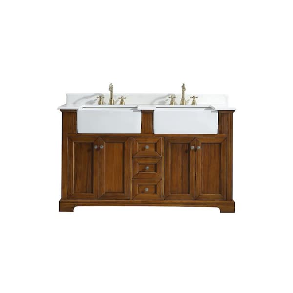 Unbranded GAVIN 60 in. W x 22 in. D x 35 in. H Bathroom Vanity in Brown with Qt. Vanity Top in White with 2 White Sinks