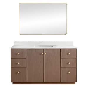 Oza 60 in.W x 22 in.D x 33.9 in.H Single Sink Bath Vanity in Dark Brown with White Quartz Stone Top and Mirror