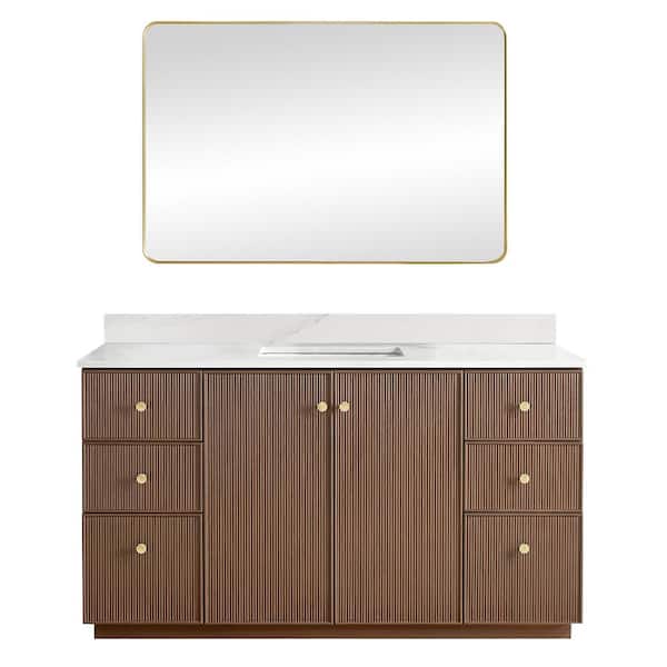 ROSWELL Oza 60 in.W x 22 in.D x 33.9 in.H Single Sink Bath Vanity in Dark Brown with White Quartz Stone Top and Mirror