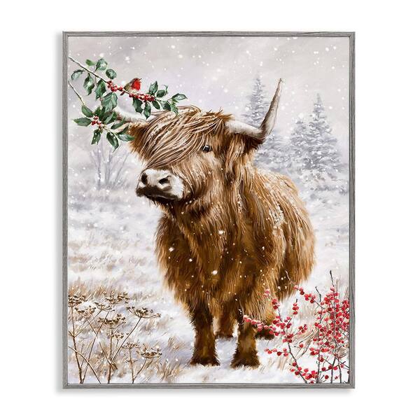 Stupell Industries Cattle with Winter Berries by Ian Saxton 1 Piece Framed Graphic Print Animal Poster Art Print 14 in. x 11 in.