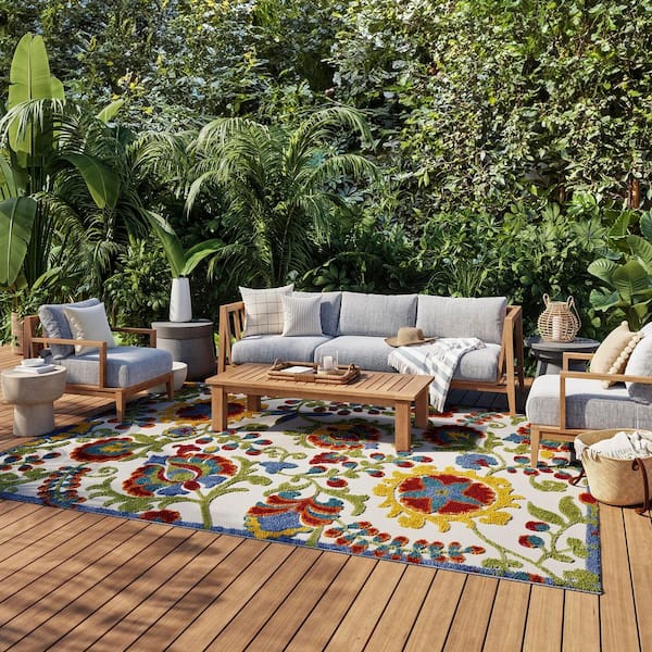 Aloha Ivory/Multicolor 9 ft. x 12 ft. Floral Contemporary Indoor Outdoor Area Rug