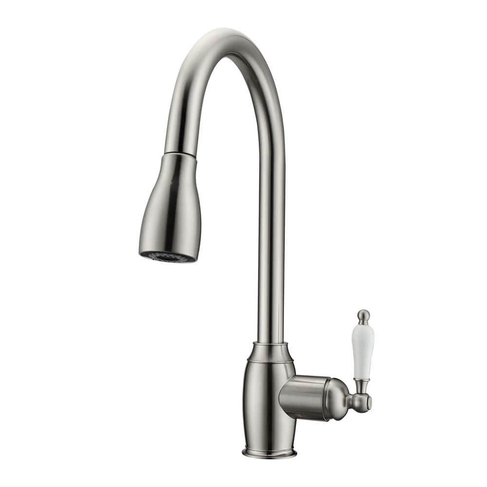 Bistro Single Handle Deck Mount Gooseneck Pull Down Spray Kitchen Faucet with Porcelain Handle in Brushed Nickel -  Barclay Products, KFS409-L3-BN