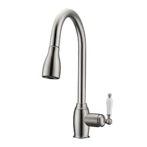 Bistro Single Handle Deck Mount Gooseneck Pull Down Spray Kitchen Faucet with Porcelain Handle in Brushed Nickel
