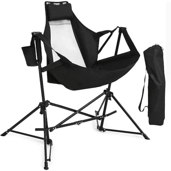 Oversized Folding Portable Swinging Hammock Black Chairs with Stand and Storage Bag