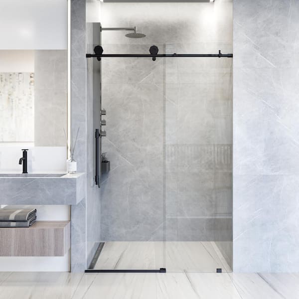 VIGO Elan Hart 68 to 72 in. W x 76 in. H Sliding Frameless Shower Door in Matte Black with 3/8 in. (10mm) Clear Glass