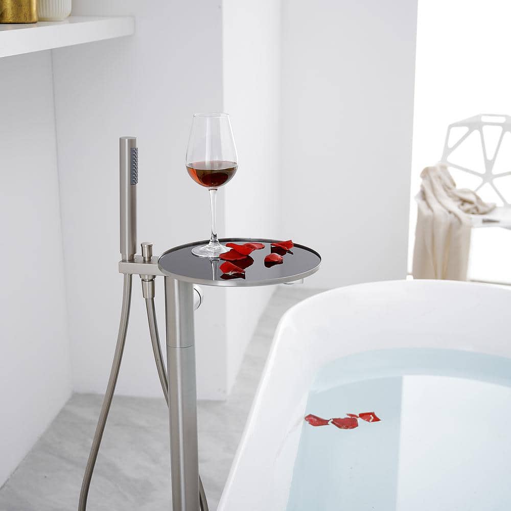 Brushed Nickel Freestanding Roman Tub Faucet with Hand Shower and Tray