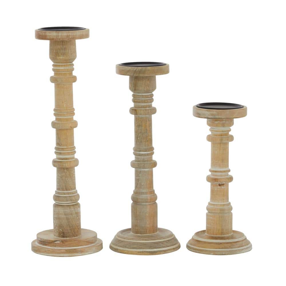 Vintage Natural Mango Wood Pillar Candle Holders, Set of 3