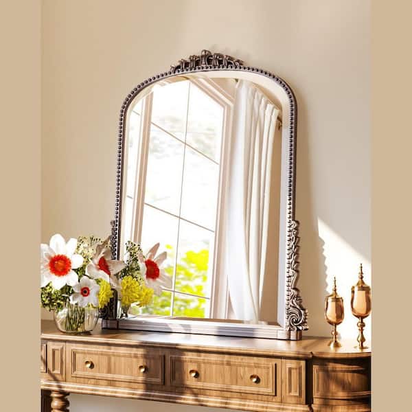 Antique Silver 24 in. W x 32 in. H Carved Arched PU Frame Vanity Wall Mirror