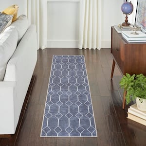 57 Grand Machine Washable Navy 2 ft. x 10 ft. Geometric Contemporary Runner Area Rug