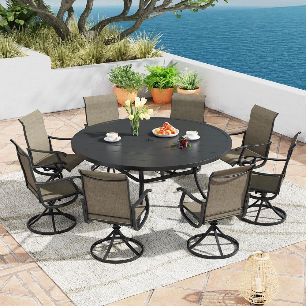 9-Piece All-Weather Metal Outdoor Patio Dining Set with 60 in. Black Round Table and 8 Brown Textilene Swivel Chairs price history on PriceWatchPro