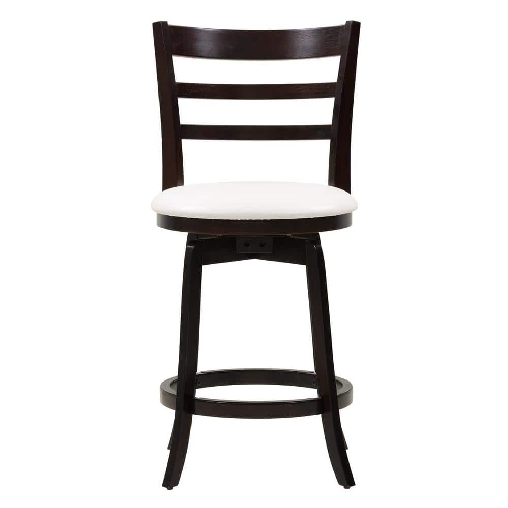 Espresso Wood Swivel Bar Stool with White Leatherette Seat