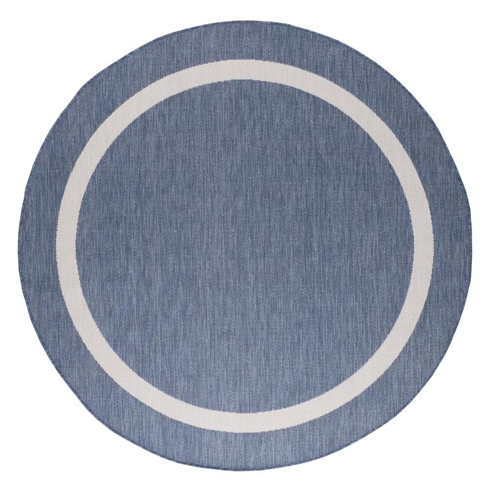 Beverly Rug Waikiki Blue/White 7 ft. Round Bordered Indoor/Outdoor Area Rug Beverly Rug indoor outdoor rugs are available in various sizes; 4 ft. x 6 ft. area rug (3 ft. 11 in. x 5 ft. 11 in.), area rug 5 ft. x 7 ft. (5 ft. 3 in. x 7 ft.), 6 ft. x 9 ft. area rugs (6 ft. 7 in. x 9 ft.), large area rug 8 ft. x 10 ft. (7 ft. 10 in. x 10 ft.) and 6 ft. 7 in. circle rug. You can use our non shedding rugs wherever needed; either indoors such as living room, dining room, laundry room, bedroom, hallway, children playroom, or outdoors such as deck, patio, pool side, picnic, beach, garage, or guest lounges. These fade resistant indoor rugs has UV protection and offer environment protection with their eco-friendly and breathable material. The vibrant colors will not fade in the sun. Ideal for high traffic areas. With natural color options of beige, blue, grey and dark grey, this beautiful bordered area rug is perfect fit for your home. Color: Blue/White.