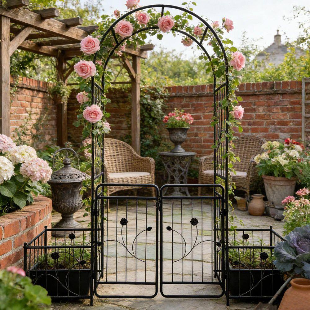 Coporesell 86.6 in. Black Metal Garden Arch Climbing Plants Support ...