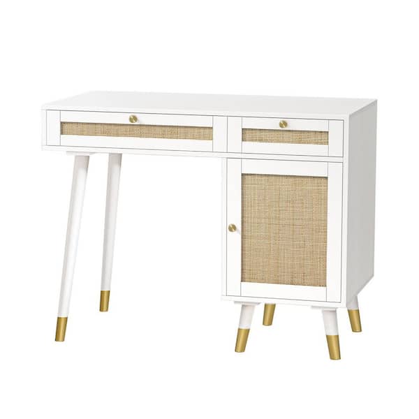 Aupodin Farmhouse Rattan 39.4 in. Rectangular White/Gold Wood Computer Desk Writing Desk with 2-Drawer and Side Storage