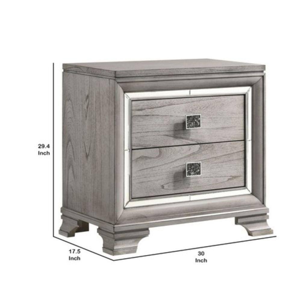Light Gray Brown Wooden 2-Drawer Nightstand with Mirrored Accents
