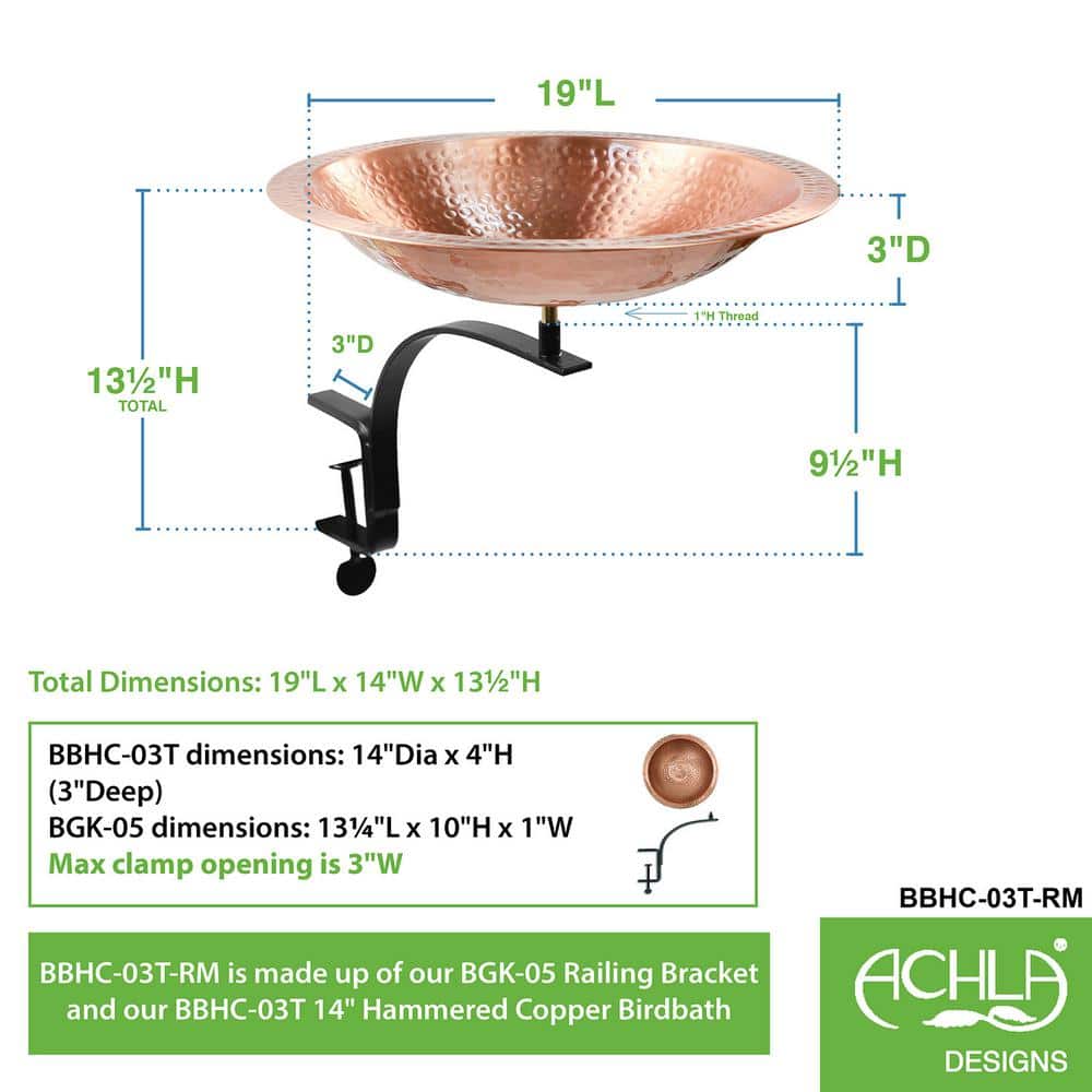 Hammered Copper Birdbath with Black Iron Rail Mount