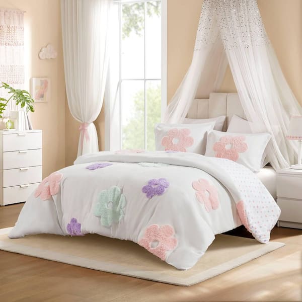 Madeline 3-Piece White/Purple Polyester Full/Queen Floral Reversible Tufted Chenille Duvet Cover Set