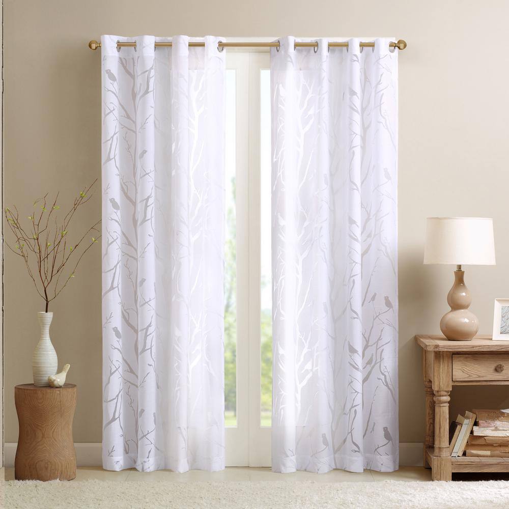 Silver Grommet Top Sheer Bird Print Window Drapes