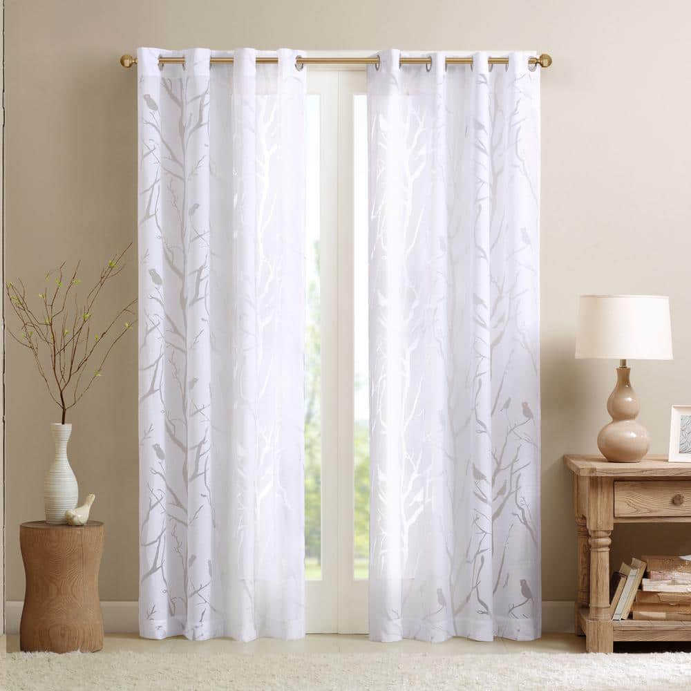 White Sheer Bird Pattern Grommet Top Window Curtain