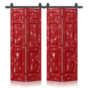 48 in. x 84 in. Hollow Core Vintage Red Stain 6 Panel MDF Double Bi-Fold Barn Door with Sliding Hardware Kit