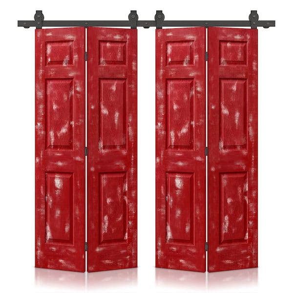 CALHOME 48 in. x 84 in. Hollow Core Vintage Red Stain 6 Panel MDF Double Bi-Fold Barn Door with Sliding Hardware Kit