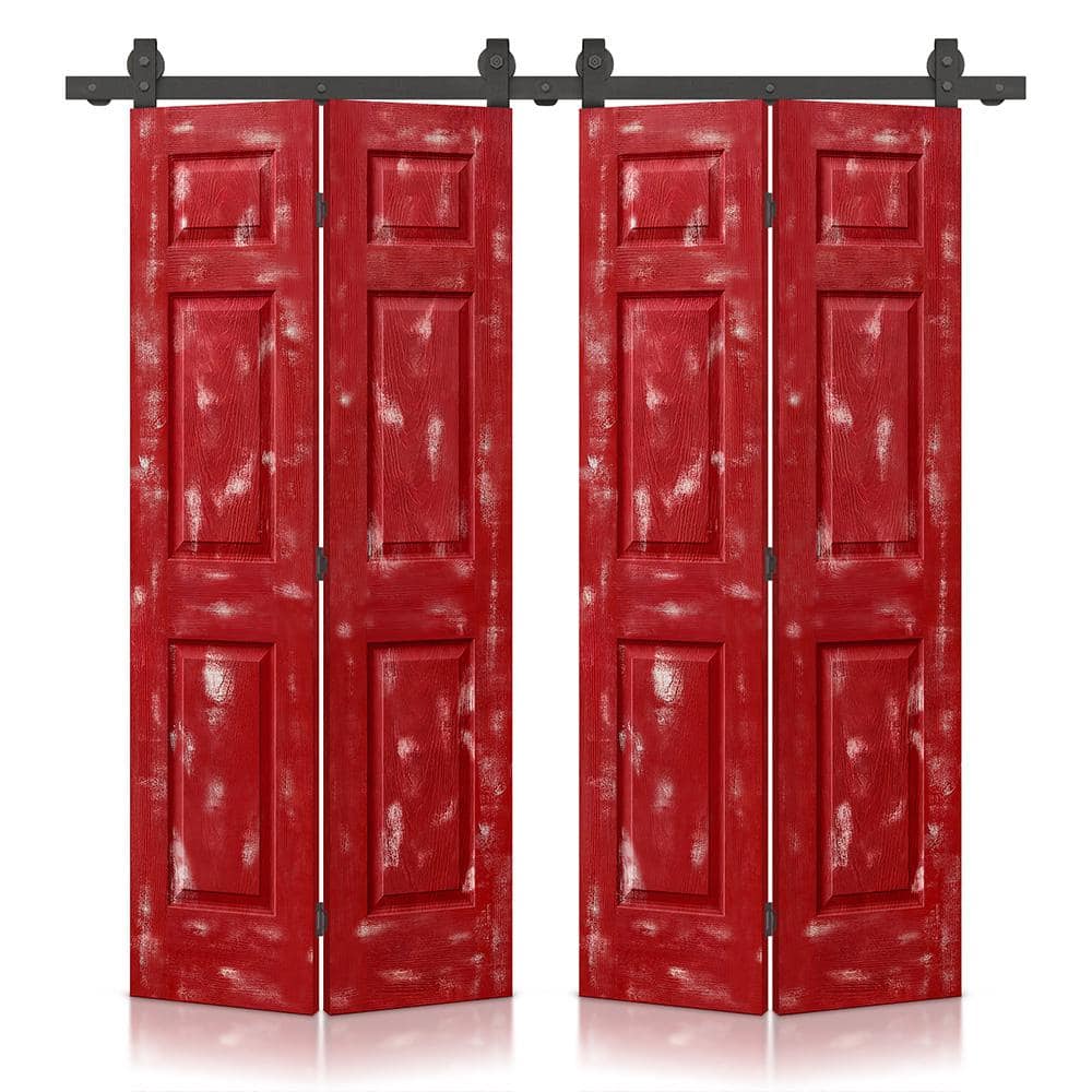 60 in. x 84 in. Hollow Core Vintage Red Stain 6 Panel MDF Double Bi-Fold Barn Door with Sliding Hardware Kit price history on PriceWatchPro
