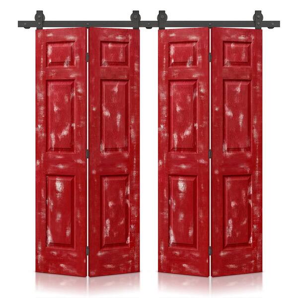 CALHOME 72 in. x 80 in. Hollow Core Vintage Red Stain 6 Panel MDF Double Bi-Fold Barn Doors with Sliding Hardware Kit