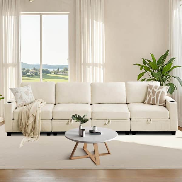 Jearey Modern 117.4 in. Beige Chenille Square Arm Straight Shape Storage Sofa with Cup Holder for Living
