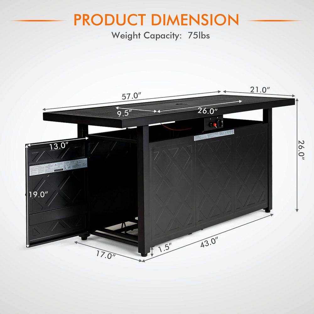 57'' Black Steel Rectangular Gas Fire Pit Table