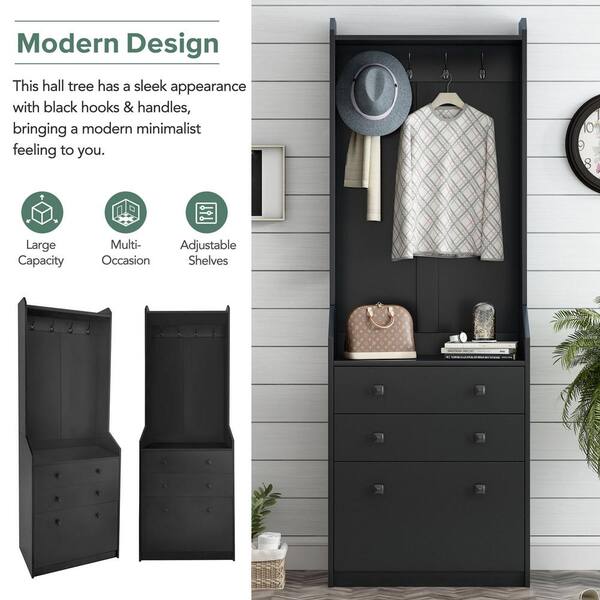 27.5 in. W Narrow Hall Tree with Flip Drawer with 4 Hanging Hooks and Drawers Adjustable Shoe Storage Cabinet in Black
