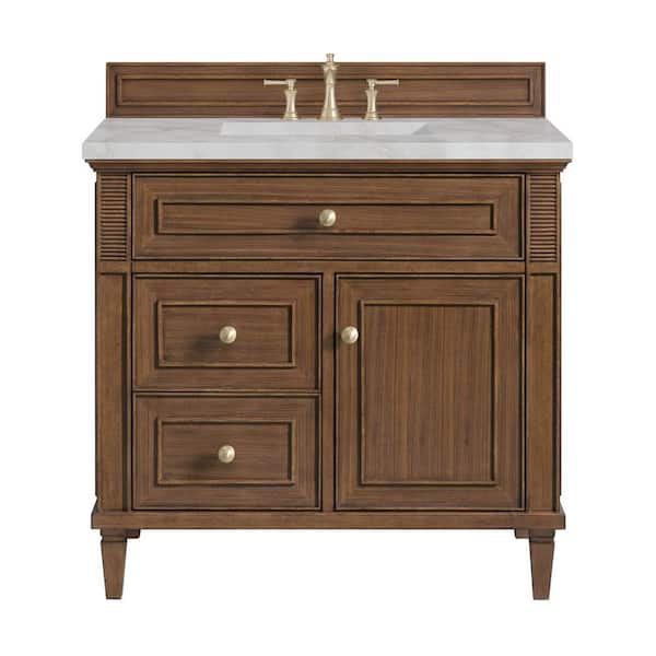 James Martin Vanities Lorelai 36.0 in. W x 23.5 in. D x 34.06 in. H Single Bath Vanity in Mid-Century Walnut with Victorian Silver Quartz Top