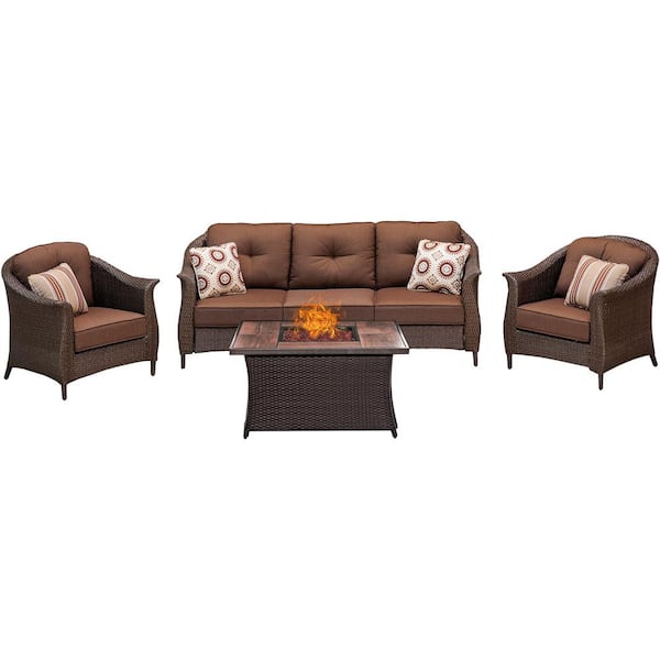 Hanover Gramercy 4-Piece Woven Patio Seating Set with Wood Grain-Top Fire Pit and Premium Sunbrella Brown Cushions