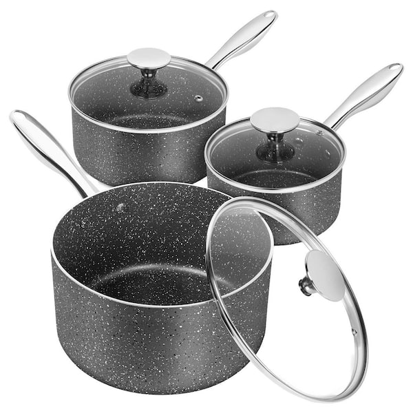 1 qt. 2 qt. & 3 qt. Nonstick Granite Sauce Pan Set Aluminum Alloy with Lid in Grey with Stainless Steel Handle, 3-Pack