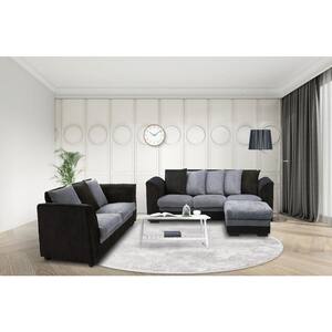 80.2 in. Square Arm Polyester Blend Modern Straight 3-Seats Sofa and Loveseat with Ottoman in Black and Gray