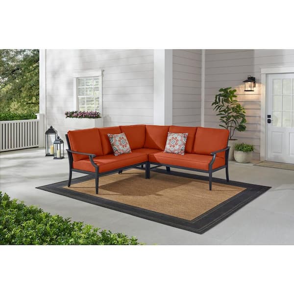 Hampton Bay Braxton Park 3-Piece Black Steel Outdoor Patio Sectional Sofa with CushionGuard Quarry Red Cushions